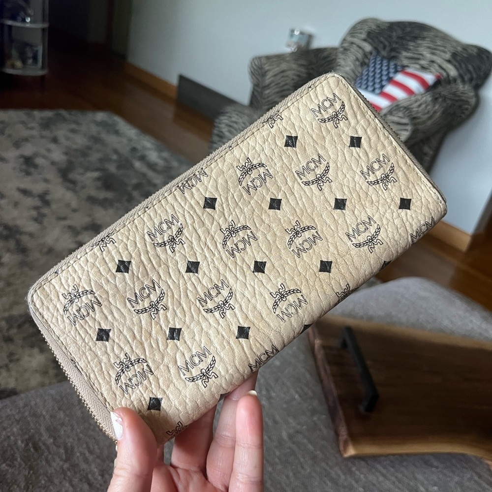 MCM Visetos Large Zip Around Nappa Leather Beige Wallet